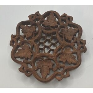 Vintage Mid Century Modern Hand-Carved Wood‎ Trivet, Indian Wooden Hot Pad